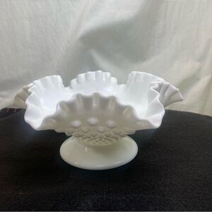 Vintage Fenton Milk Glass Hobnail Ruffle Edge Footed Centerpiece Fruit Bowl